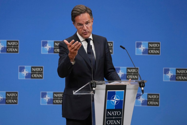 NATO Secretary General Mark Rutte addresses the media at NATO headquarters in Brussels, Friday, Sept. 12, 2025. (AP Photo/Virginia Mayo)