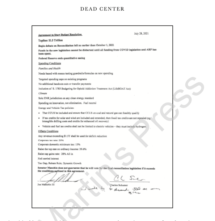 A signed July 2021 agreement between Sens. Joe Manchin and Chuck Schumer shaped Build Back Better negotiations.