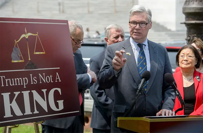 Sen. Sheldon Whitehouse (D-RI) speaks during a news conference regarding provisions in the One Big, Beautiful Bill Act at the Capitol on June 5. (Rod Lamkey, Jr./AP)