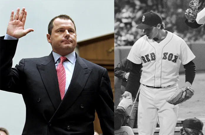 Left: Roger Clemens is sworn-in prior to testifying before a House Oversight, and Government Reform committee hearing on drug use in baseball on Feb. 13, 2008. Right: Red Sox pitcher Roger Clemens struck out 20 batters on April 29, 1986, for a Major League Baseball record. He is congratulated by teammates during the Red Sox vs. Mariners game at Fenway Park. (Susan Walsh/AP; Bettmann / Contributor via Getty Images)