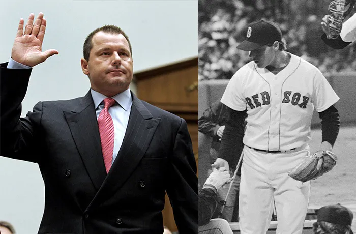 Left: Roger Clemens is sworn-in prior to testifying before a House Oversight, and Government Reform committee hearing on drug use in baseball on Feb. 13, 2008. Right: Red Sox pitcher Roger Clemens struck out 20 batters on April 29, 1986, for a Major League Baseball record. He is congratulated by teammates during the Red Sox vs. Mariners game at Fenway Park. (Susan Walsh/AP; Bettmann / Contributor via Getty Images)