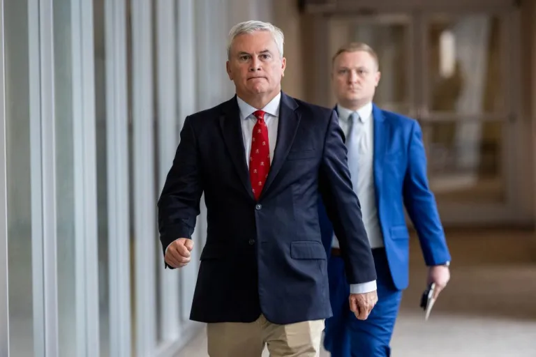 House Oversight Committee Chairman James Comer (R-KY) arrives before testimony from former White House press secretary Karine Jean-Pierre.