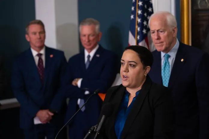The Washington Examiner's Anna Giaritelli speaks at a press conference hosted by Sen. John Cornyn (R-TX) on crime in Washington, D.C.