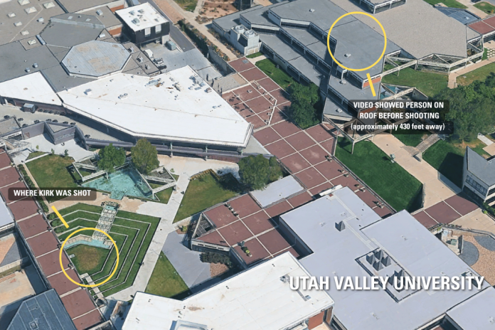 Aerial image indicates where Charlie Kirk was assassinated and the roof of the building where a person was recorded being about 430 feet away