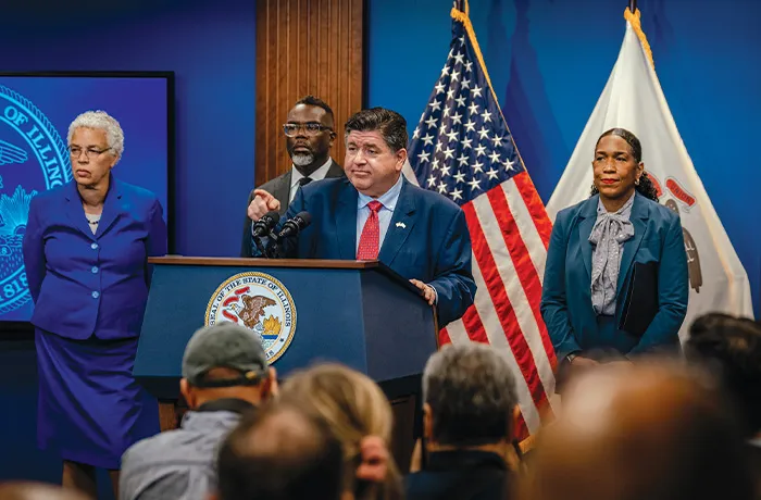 Illinois Gov. JB Pritzker (D) speaks during a news conference in Chicago on Sept. 2. (Jamie Kelter Davis/Bloomberg via Getty Images)