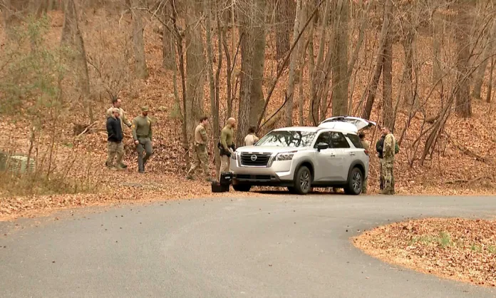FBI agents search a neighborhood in Chapel Hill, North Carolina, on Feb. 5, 2025, where Teresa Youngblut and Felix Bauckholt, who were involved in the shooting death of a U.S. Border Patrol agent in Vermont, had been renting homes in the neighborhood.