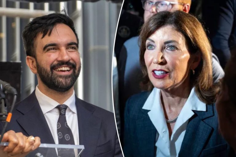 New York City Democratic mayoral candidate Zohran Mamdani, left, and Gov. Kathy Hochul (D-NY), right. (AP Photo/Ted Shaffrey, and AP Photo/Angelina Katsanis)