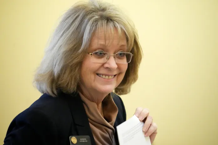 Colorado state Sen. Barbara Kirkmeyer looks on during a Colorado Senate hearing on measures to address eating disorders Thursday, March 23, 2023, in the State Capitol in Denver.