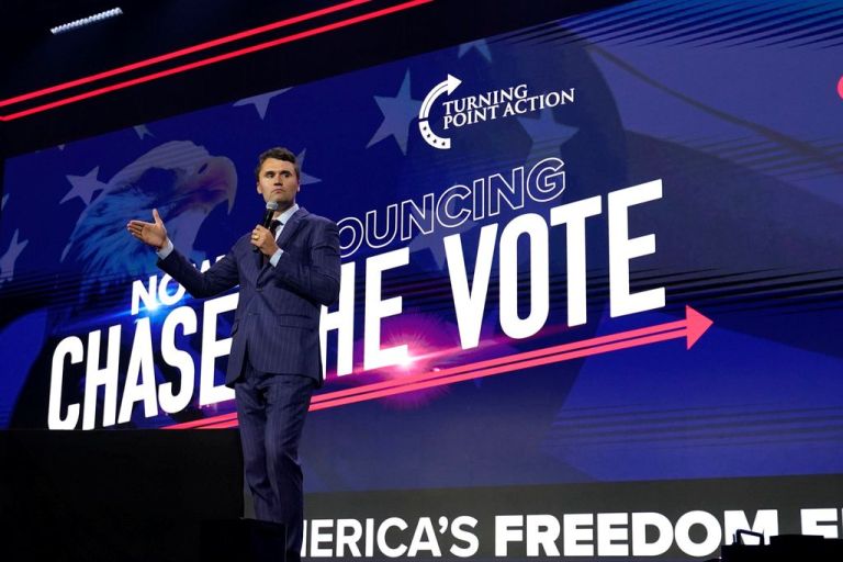 FILE - Charlie Kirk, founder of Turning Point USA, speaks during the Turning Point Action conference, Saturday, July 15, 2023, in West Palm Beach, Fla. (AP Photo/Lynne Sladky, File)