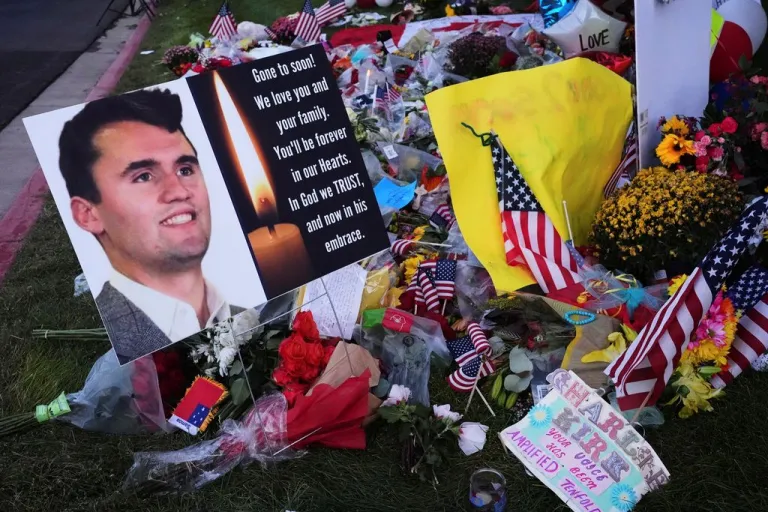 A memorial for Turning Point USA CEO and co-founder Charlie Kirk is seen at Utah Valley University, Saturday, Sept. 13, 2025, in Orem, Utah. (AP Photo/Lindsey Wasson)