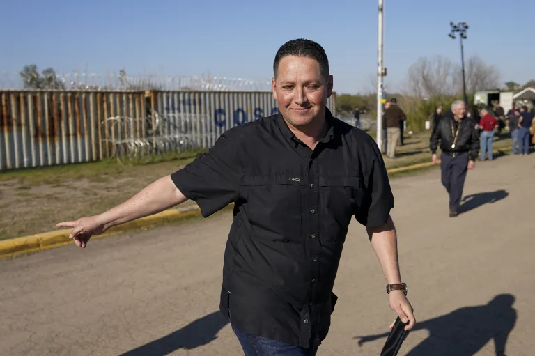 Rep. Tony Gonzales, R-Texas, walks near other members of Congress near the Texas-Mexico border, Wednesday, Jan. 3, 2024, in Eagle Pass, Texas.