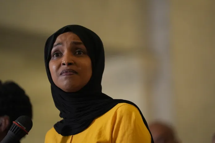 Rep. Ilhan Omar (D-MN) speaks during a news conference in Minneapolis City Hall, Thursday, Aug. 28, 2025, in Minneapolis.