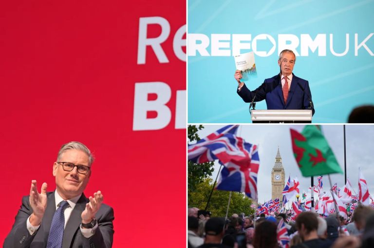 A collage showing U.K. Prime Minister Keir Starmer clapping onstage, Reform UK leader Nigel Farage holding up a piece of paper while speaking, and a 