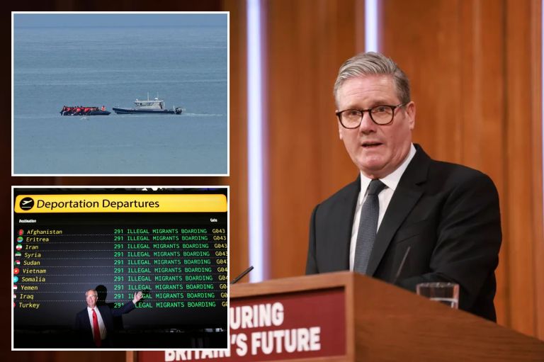 A collage of photos of U.K. Prime Minister Keir Starmer speaking at a podium, Reform UK leader Nigel Farage poses in front of a mock departures board, and a boat thought to be carrying migrants being escorted by a vessel from the French Gendarmerie Nationale in the English Channel.