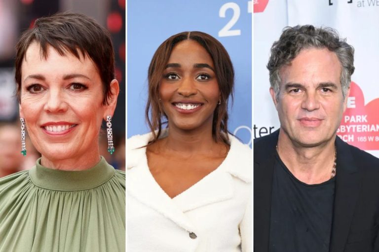 Actors Olivia Colman, Ayo Edebiri, and Mark Ruffalo.