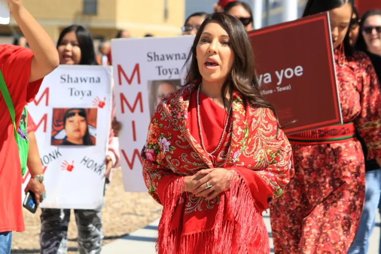 Tiffany Jiron, executive director of the Coalition to Stop Violence Against Native Women, is among those who participate in a walk to honor Native American and Indigenous relatives who have gone missing or have been killed as MMIP Awareness Day is marked during an event in Albuquerque, New Mexico, on Monday, May 5, 2025.