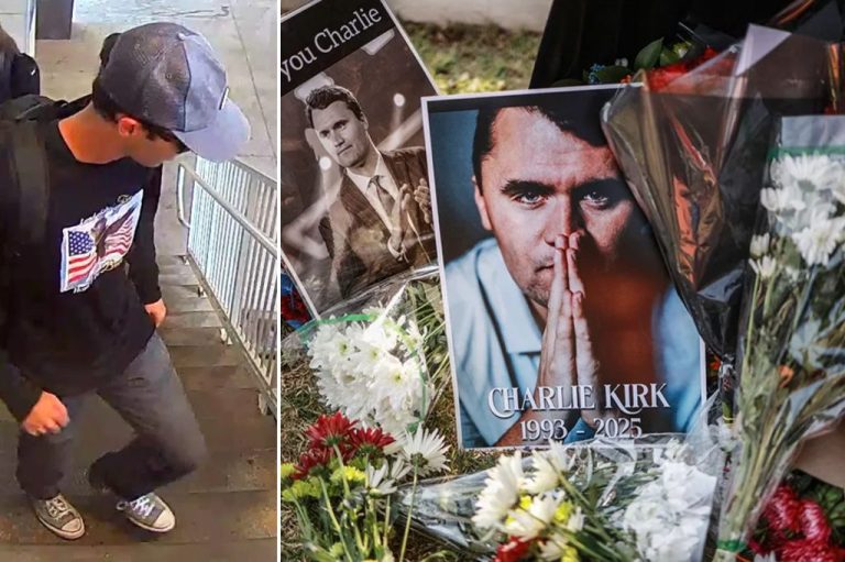 Photo of Charlie Kirk memorial alongside photo of suspect.