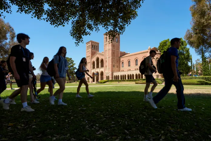 Students walk past Royce Hall on Aug. 15, 2024, at the University of California, Los Angeles, campus in Los Angeles.
