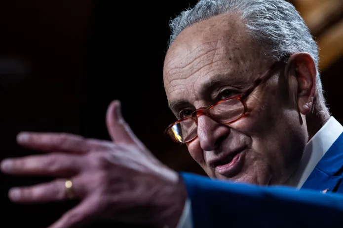 Senate Minority Leader Chuck Schumer of N.Y., listens as he speaks to reporters, at the U.S. Capitol. (Graeme Jennings / Washington Examiner)