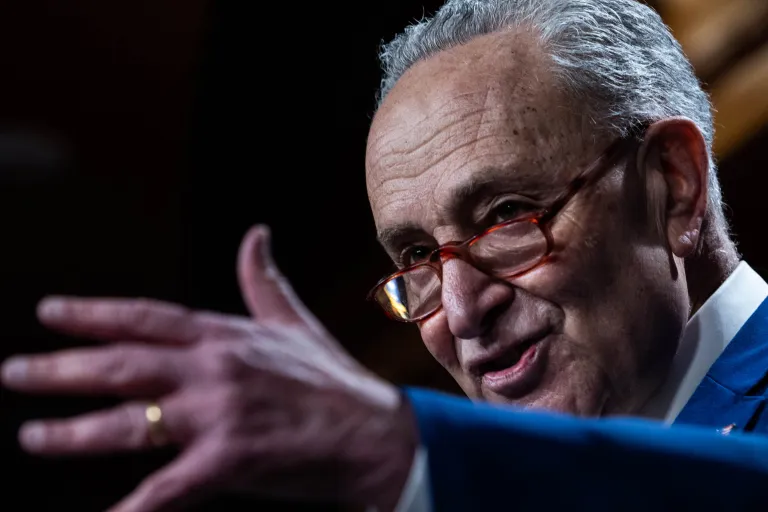 Senate Minority Leader Chuck Schumer of N.Y., listens as he speaks to reporters, at the U.S. Capitol. (Graeme Jennings / Washington Examiner)