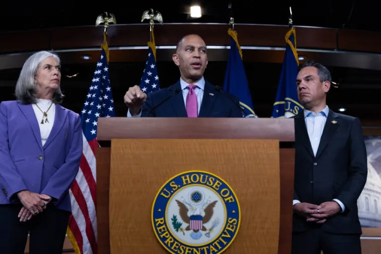 From left, House Minority Whip Katherine Clark (D-MA), House Minority Leader Hakeem Jeffries (D-NY), and Rep. Pete Aguilar (D-CA).