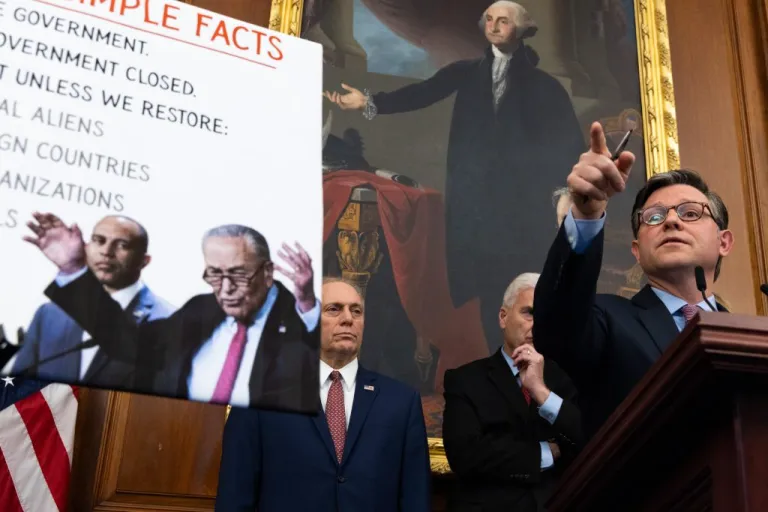 Speaker Mike Johnson (R-LA), flanked by Majority Leader Steve Scalise (R-LA) and Majority Whip Tom Emmer (R-MN) speaks during a daily Republican leadership press conference on Oct. 27, 2025. (Graeme Jennings/Washington Examiner)
