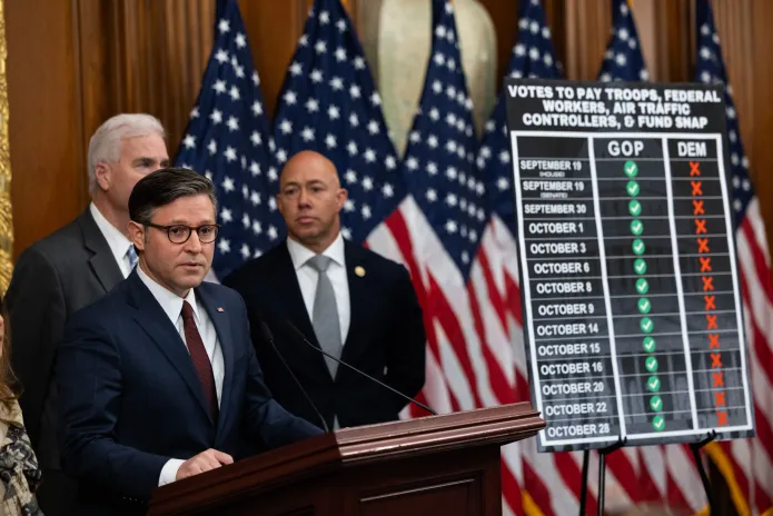 House Speaker Mike Johnson (R-LA) holds a press conference on Oct. 29, during the government shutdown