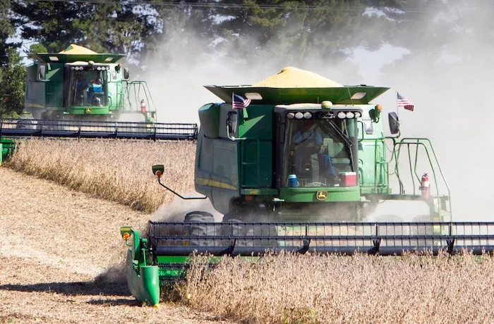 Soy beans are harvested near Plattsmouth, Neb., Wednesday, Oct. 6, 2010. The U.S. Department of Agriculture says nearly a third of the state's soybean crop has been harvested, ahead of the 29 percent average by this time of the year. The lack of rainfall last week let Nebraska farmers get ahead on the season's harvest.