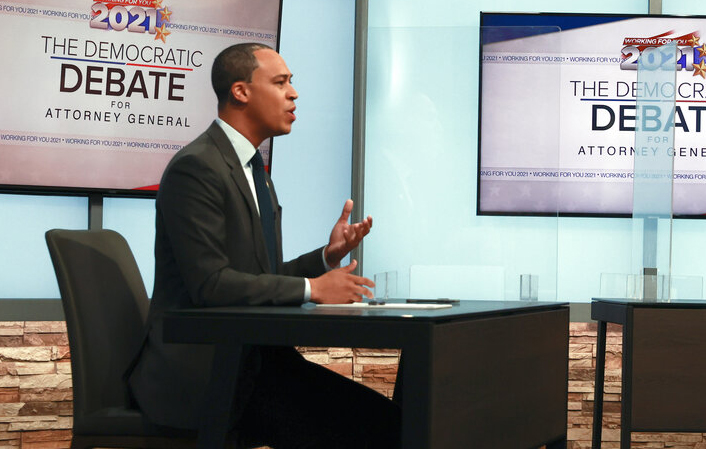 Del. Jay Jones, D-Norfolk, gives remarks as Virginia Attorney General Mark Herring listens during the Virginia Democratic Attorney General debate, Saturday, May 15, 2021 in the WTVR TV6 studio in Richmond, Va. (Shaban Athuman/Richmond Times-Dispatch via AP)