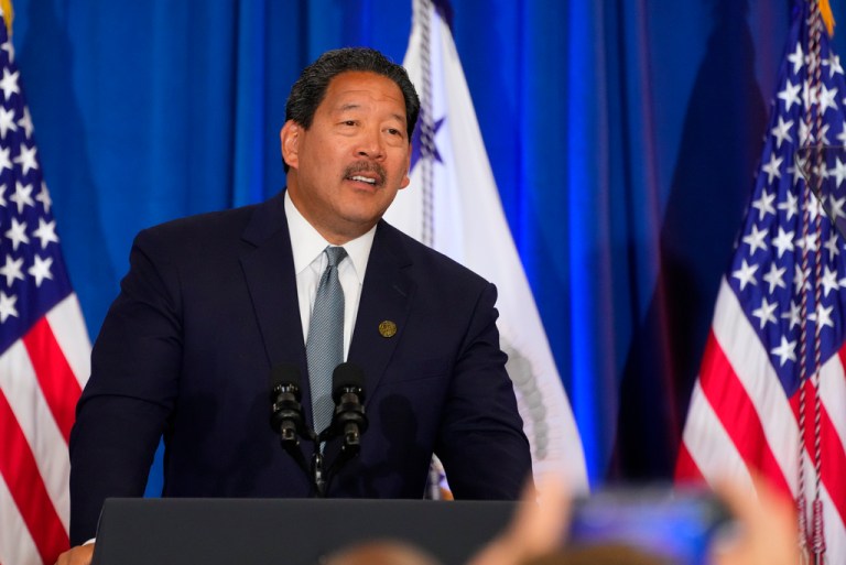Seattle Mayor Bruce Harrell gives remarks at McKinstry as Vice President Kamala Harris visits ahead of the one-year anniversary of the Biden administration's Inflation Reduction Act, Tuesday, Aug. 15, 2023, in Seattle.