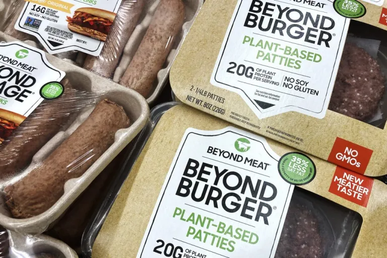 Beyond Meat products are seen in a refrigerated case.