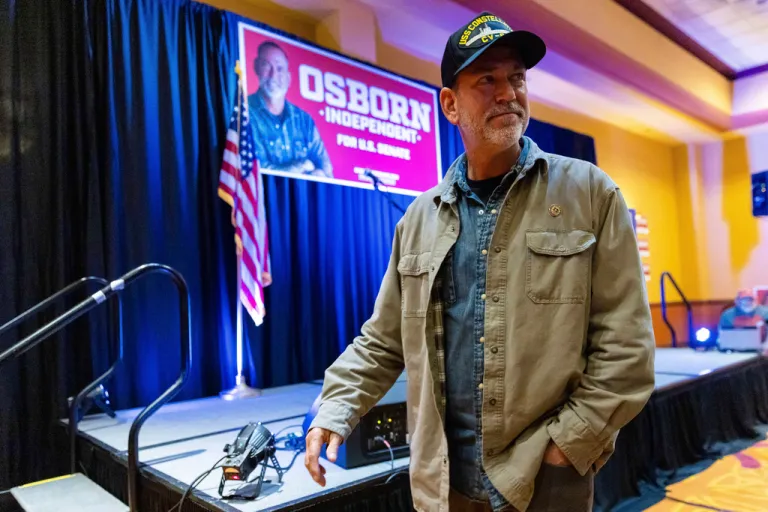 Independent Nebraska Senate candidate Dan Osborn departs an election night watch party at the Embassy Suites by Hilton Omaha La Vista Hotel & Conference Center in La Vista, Neb., Tuesday, Nov. 5, 2024.