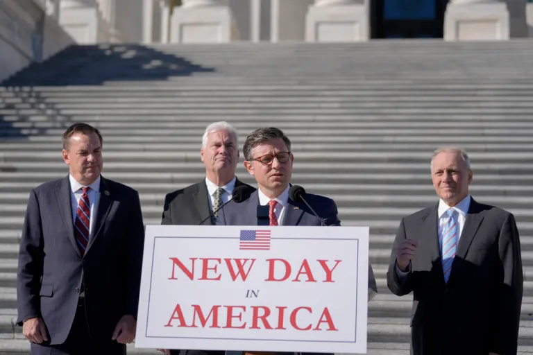 Mike Johnson speaks at a press conference.