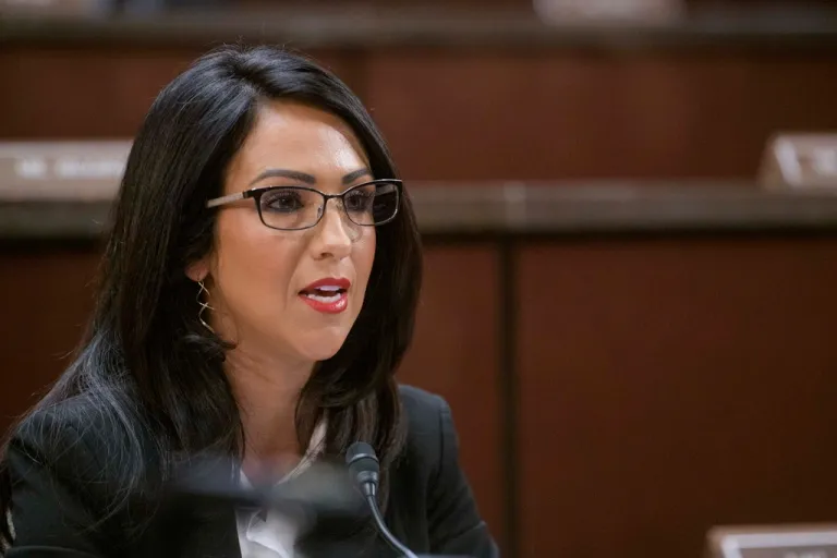 Rep. Lauren Boebert (R-CO), questions Denver Mayor Mike Johnston during a House Committee on Oversight and Government Reform hearing with Sanctuary City Mayors on Capitol Hill, Wednesday, March 5, 2025, in Washington.