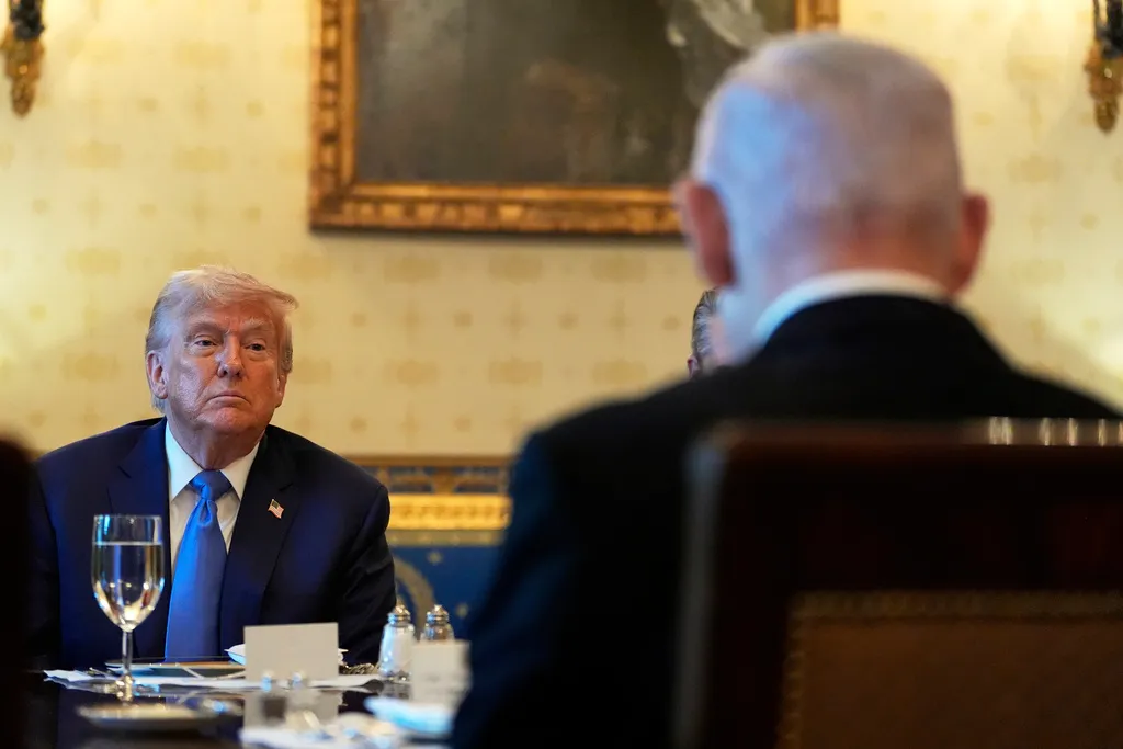Israel and Gaza celebrate Trumps unprecedented ceasefire plan, but long road remains to everlasting peace 5 President Donald Trump listens during a meeting with Israeli Prime Minister Benjamin Netanyahu.