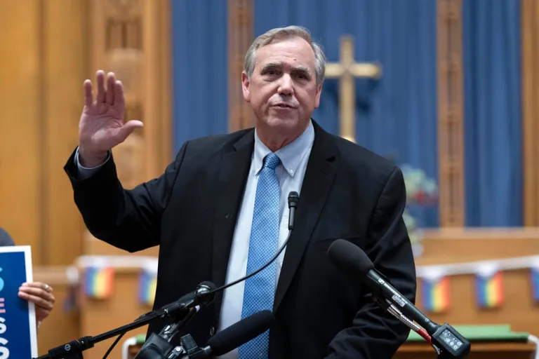 Sen. Jeff Merkley, D-Ore., speaks during a transgender rights rally at the Lutheran Church of the Reformation on Capitol Hill, Wednesday, June 18, 2025, in Washington.