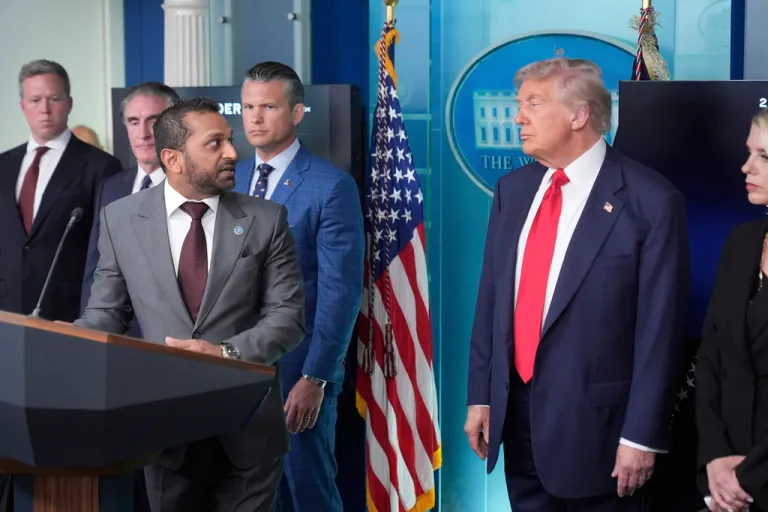 FBI Director Kash Patel speaks as Attorney General Pam Bondi, President Donald Trump, Defense Secretary Pete Hegseth, Interior Secretary Doug Burgum, and Army Secretary Dan Driscoll listen.