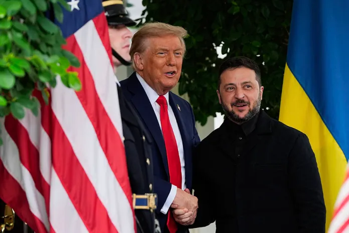 President Donald Trump greets Ukraine's President Volodymyr Zelenskyy at the White House, Monday, Aug. 18, 2025, in Washington. (AP Photo/Julia Demaree Nikhinson)