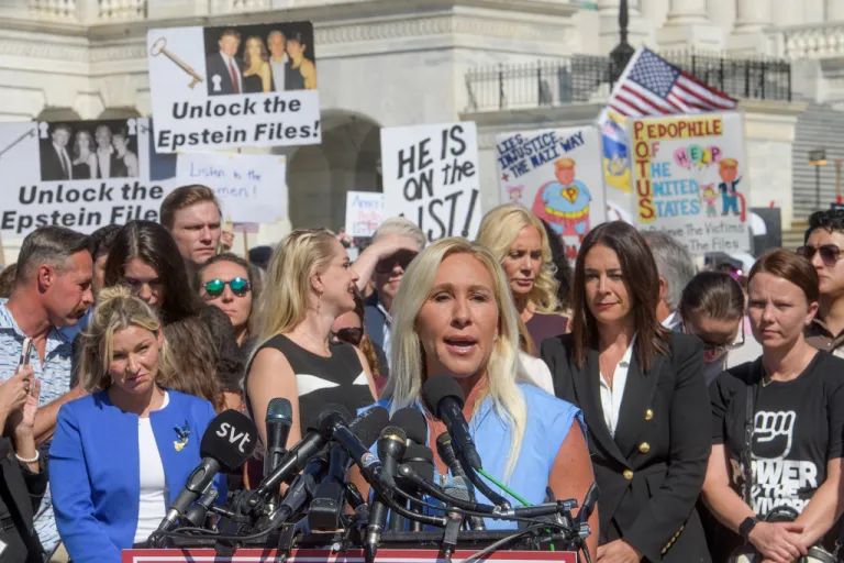 Rep. Marjorie Taylor-Greene, R-Ga., speaks during a news conference regarding the release of the Jeffrey Epstein files, on Capitol Hill, Wednesday, Sept. 3, 2025, in Washington. (AP Photo/Rod Lamkey, Jr.)