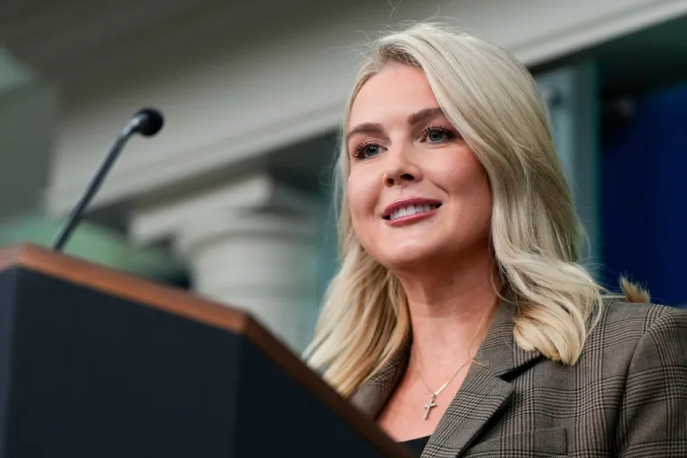 White House press secretary Karoline Leavitt speaks with reporters in the James Brady Press Briefing Room at the White House, Monday, Sept. 22, 2025, in Washington. (AP Photo/Julia Demaree Nikhinson)