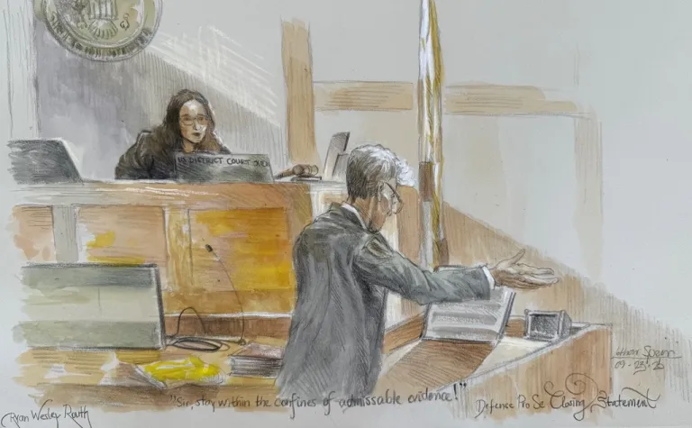 This courtroom sketch shows U.S. District Judge Aileen Cannon listening to Ryan Routh during his trial where he is charged with attempting to assassinate Donald Trump last year at a golf course in South Florida, Tuesday, Sept. 23, 2025, in Fort Pierce, Fla. (Lothar Speer via AP)