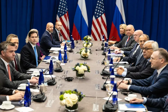 Secretary of State Marco Rubio, center left, meets with Russian Foreign Minister Sergey Lavrov, center right