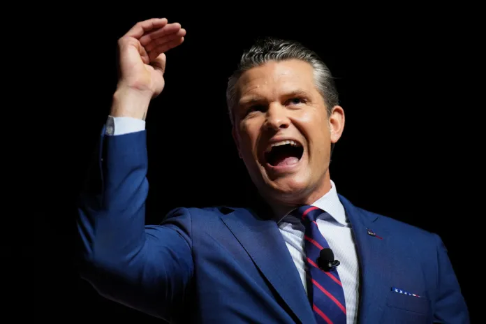 Secretary of Defense Pete Hegseth speaks to senior military leaders at Marine Corps Base Quantico, Tuesday, Sept. 30, 2025 in Quantico, Virginia.