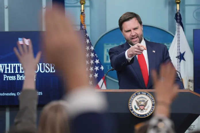 Vice President JD Vance points to a reporter while speaking in the James Brady Press Briefing Room at the White House.
