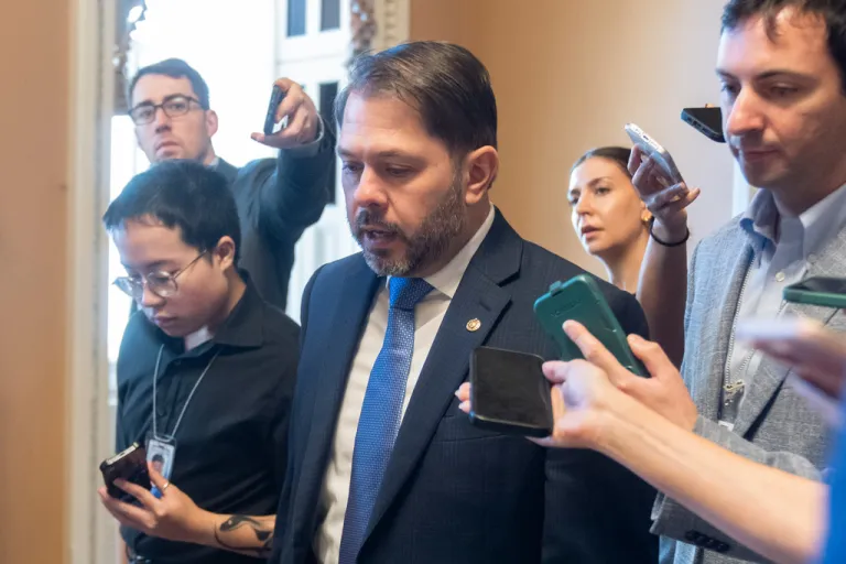 Sen. Ruben Gallego (D-AZ) speaks to reporters.