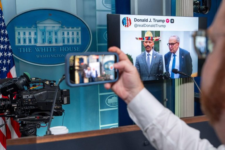 A video posted on Donald Trump's Truth Social account depicting Senate Minority Leader Chuck Schumer, of N.Y., and House Minority Leader Hakeem Jeffries, of N.Y., is shown in the James Brady Press Briefing Room at the White House, Wednesday, Oct. 1, 2025, in Washington. The sombrero and mustache were superimposed on Jeffries.
