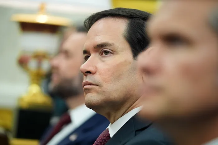 FILE - Secretary of State Marco Rubio listens during a meeting between President Donald Trump and Turkish President Recep Tayyip Erdogan in the Oval Office of the White House, Thursday, Sept. 25, 2025, in Washington. (AP Photo/Evan Vucci, File)