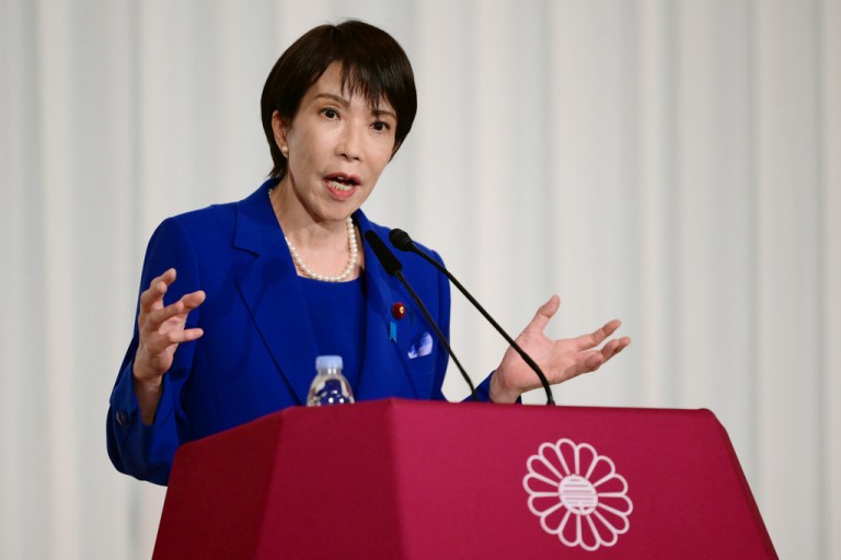 Sanae Takaichi, the newly elected leader of Japan's ruling party, the Liberal Democratic Party, attends a press conference.
