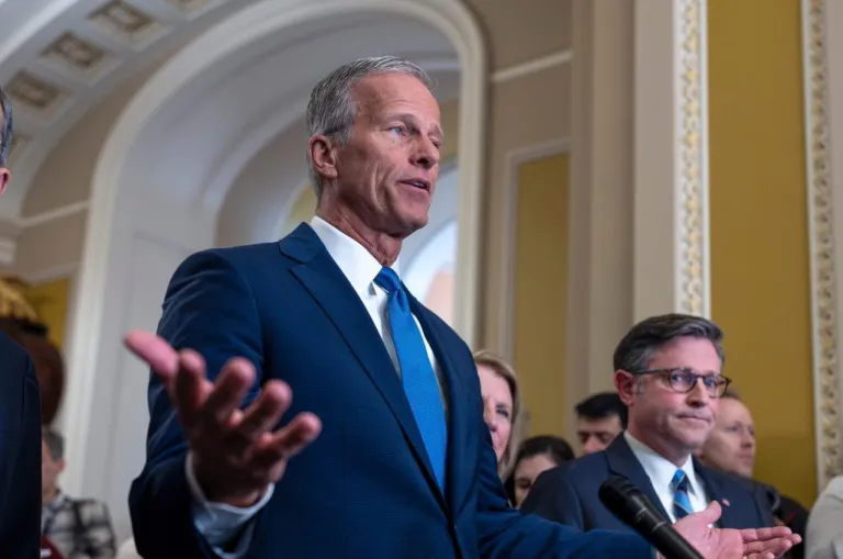 Senate Majority Leader John Thune, R-S.D., is joined by Speaker of the House Mike Johnson, R-La., right, as they speak with reporters following a closed-door Republican strategy session as the government shutdown heads toward a second week, at the Capitol in Washington, Tuesday, Oct. 7, 2025.