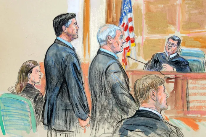 A courtroom sketch depicting former FBI Director James Comey with his attorneys, Jessica Carmichael and Patrick J. Fitzgerald, as Assistant U.S. Attorney Tyler Lemons looks on.